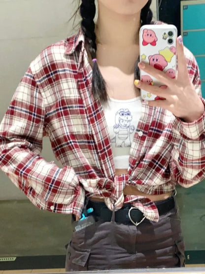 Vintage Red Plaid Button Blouse Top Autumn Cotton Turn Down Collar Casual Long Sleeve Shirt Streetwear Loose Y2K Tees Coat Women