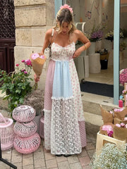 Elegant Print Lace Patchwork Spaghetti Strap Dress Women Halter Backless Sleeveless Dresses Summer Lady Sweet High Street Robe