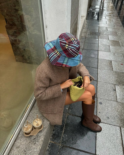 Retro Striped Scarf Collar Wool Blends Jacket Women Chic Pockets Single Breasted Full Sleeve Coat Lady New Elegant Outwear