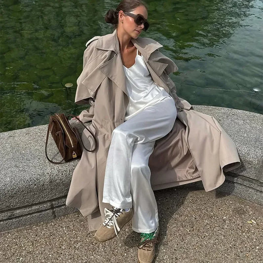 Casual Women's Trench Coat Lace Up Turn-Down Collar Solid Lady Long Jackets 2025 Autumn Winter Female Street Outwear New