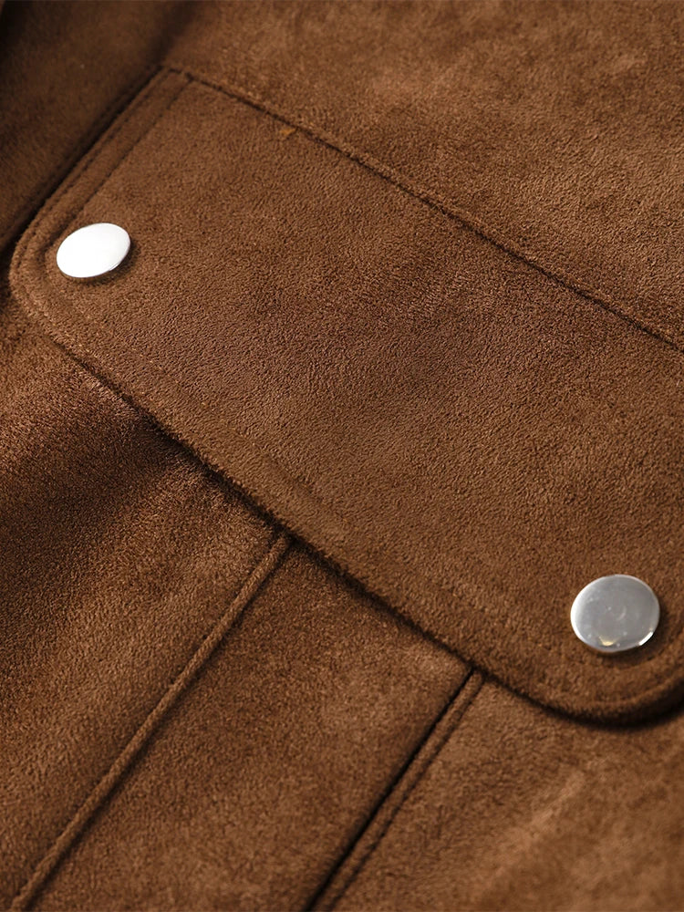 Zipper Suede Cargo Jacket Coat Button Lapel Maillard Slimming Workwear Leather Jackets Casual Short Outwear Commute Overcoat