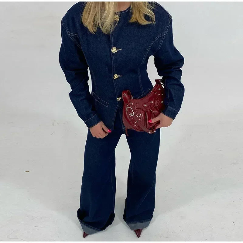 TAVIMART  -  Fashion Y2K Denim Jacket For Women 2025 Spring Elegant O-neck Single Breasted Coat Female Chic Street Long Sleeve Lady Outerwear