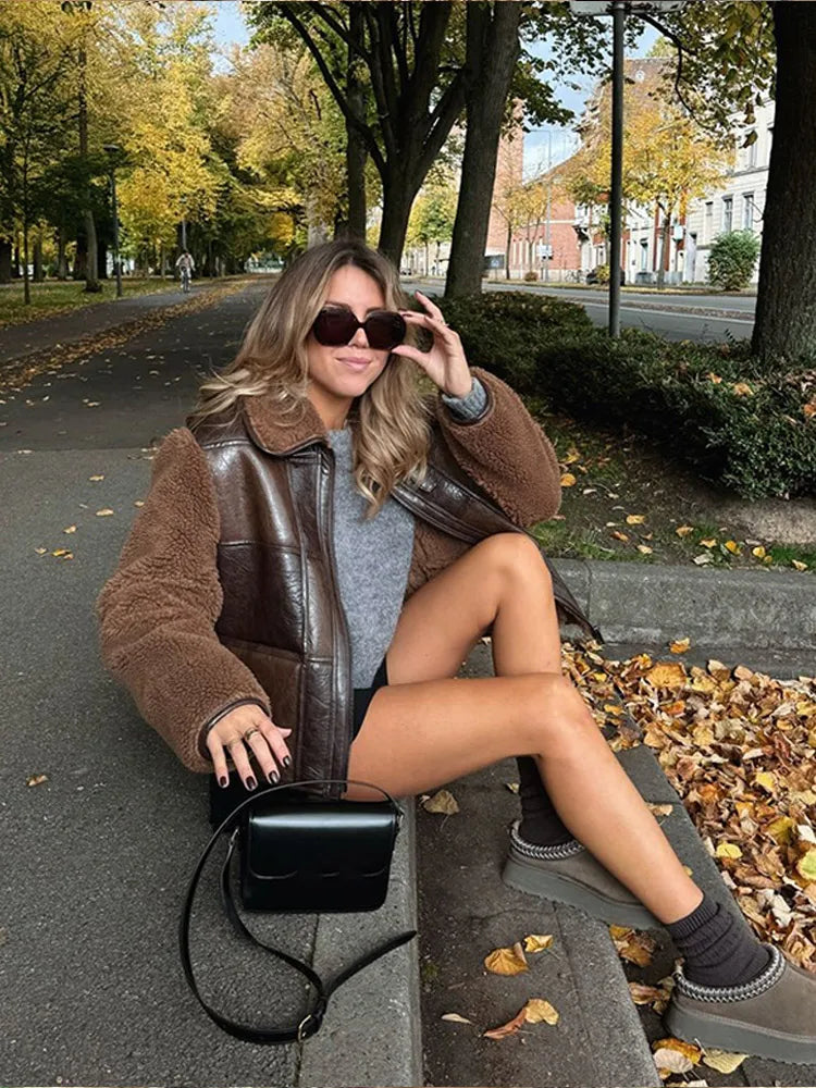 Vintage Zipper Patchwork Lamb Wool Leather Coats For Women Fashion Oversized Lapel Warm Jackets Lady High Street Outerwears