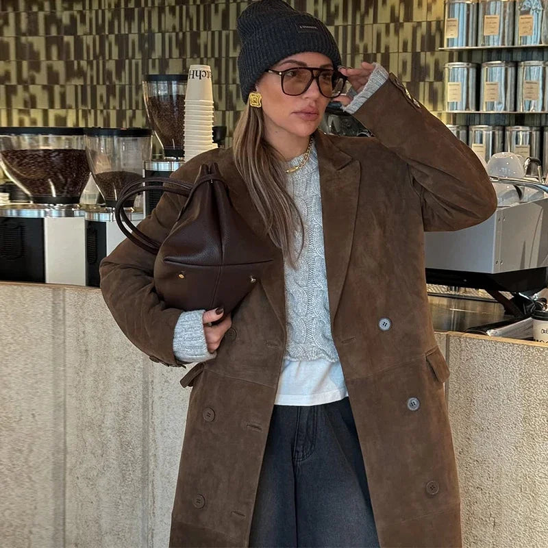 Casual Solid Long Women Streetwear Long Sleeve Turn-down Collar Double Breasted Female Coat 2025 Autumn Fashion Lady Jacket New