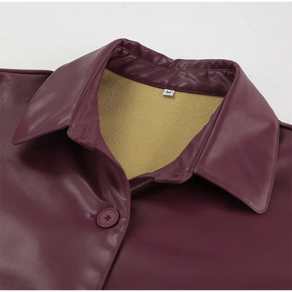 Burgundy Faux Leather Jackets Women Moto Biker Lapel Zipper Long Sleeve Female Coats 2025 Spring Casual Lady Street Outwear