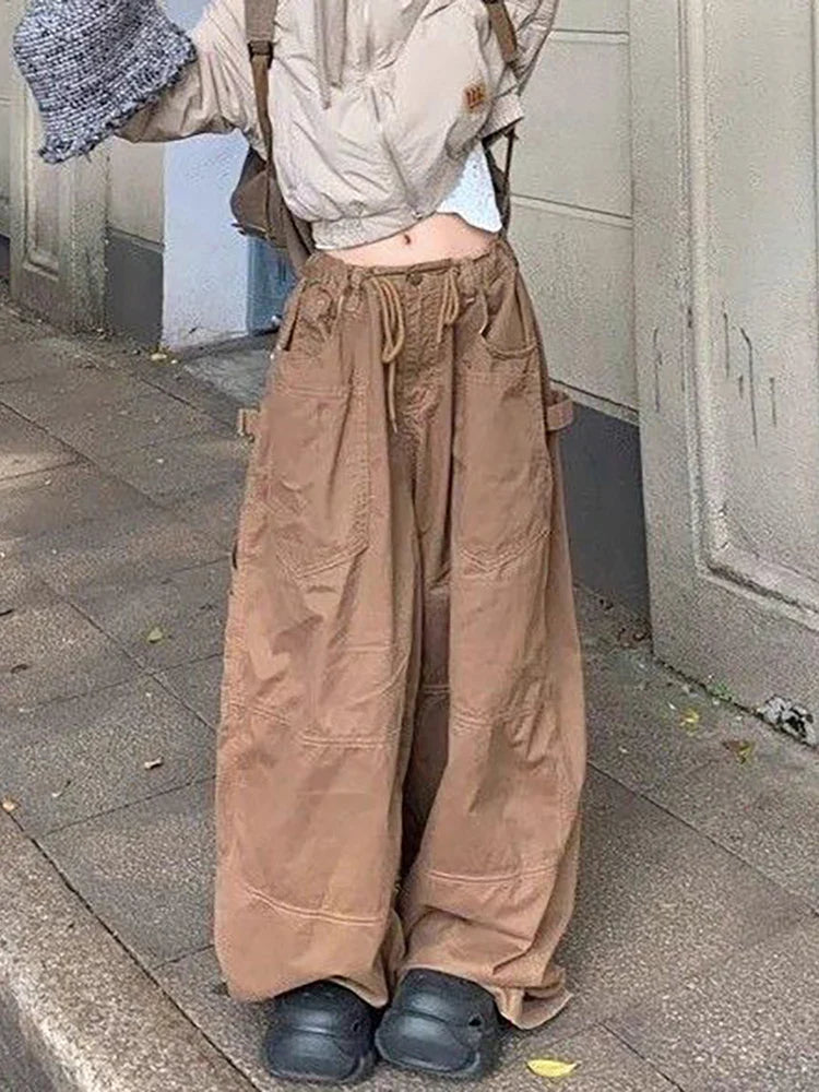 Women Plain Spliced Wide Leg Cargo Pants Big Pockets Drawstring Low Waist Loose Draped Sweatpants Lounge Casual Streetwear