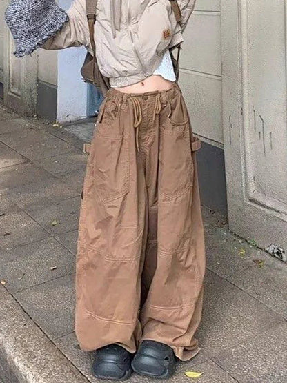 Women Plain Spliced Wide Leg Cargo Pants Big Pockets Drawstring Low Waist Loose Draped Sweatpants Lounge Casual Streetwear