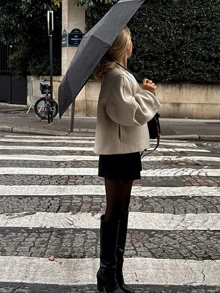 Chic One Button O-neck Woolen Coats For Women Fashion Long Sleeve Cropped Oversized Jackets Lady High Street Outerwear New