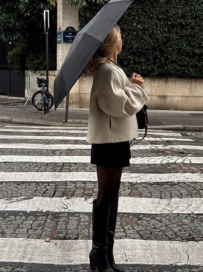 Chic One Button O-neck Woolen Coats For Women Fashion Long Sleeve Cropped Oversized Jackets Lady High Street Outerwear New