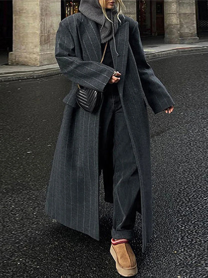 Casual Gray Striped Women Long Coats Elegant Woolen Lapel Long Sleeve Back Split Loose Jackets Autumn Chic Street Outwears