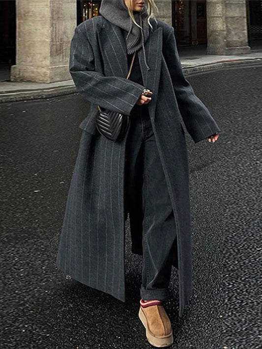 Casual Gray Striped Women Long Coats Elegant Woolen Lapel Long Sleeve Back Split Loose Jackets Autumn Chic Street Outwears