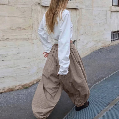 Autumn Print Women Trousers Casual Elastic Waist Foot Binding Dropped Pants Wide Leg Pleated Lady Patchwork Streetwear New