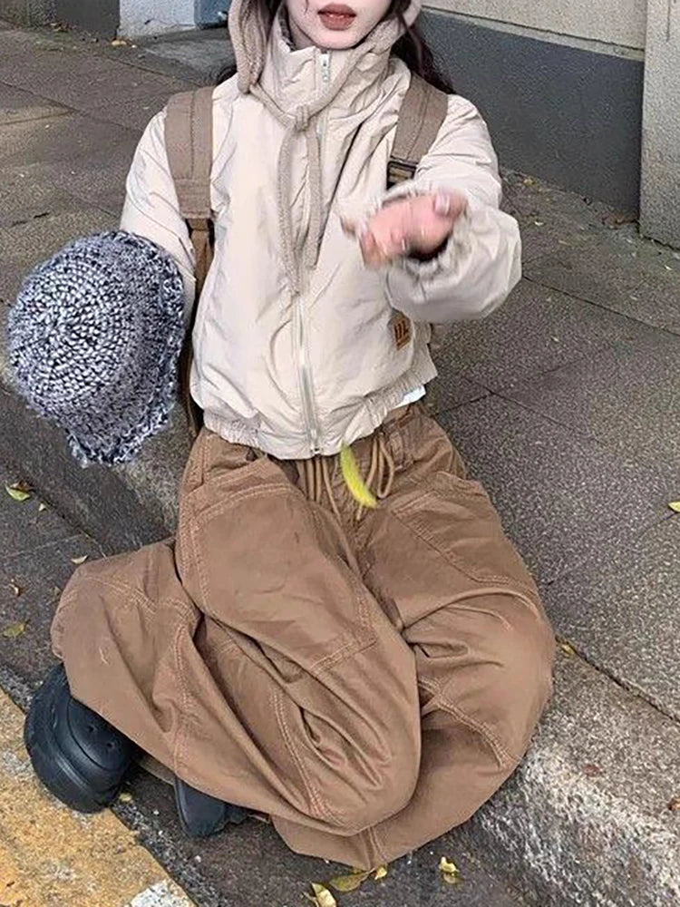 Women Plain Spliced Wide Leg Cargo Pants Big Pockets Drawstring Low Waist Loose Draped Sweatpants Lounge Casual Streetwear