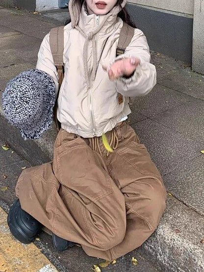 Women Plain Spliced Wide Leg Cargo Pants Big Pockets Drawstring Low Waist Loose Draped Sweatpants Lounge Casual Streetwear