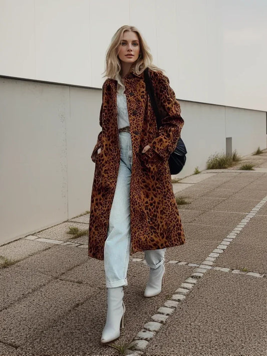 Woman Coat Long Sleeves Hidden Buckle Leopard Print Lapel Loose Long Overcoat Vintage Pocket Female Coats Street Trench