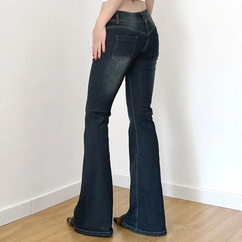 Women Low Waisted Flare Jeans Y2K Streetwear Vintage Casual Fashion Denim Trousers Spring Basic Slim Pants Outfits