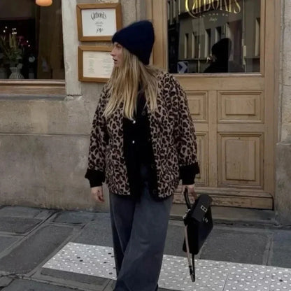 Vintage Leopard Print Single Breasted Jacket Women Elegant O Neck Long Sleeves Pocket Coat New Fashion Lady Warm Outerwear