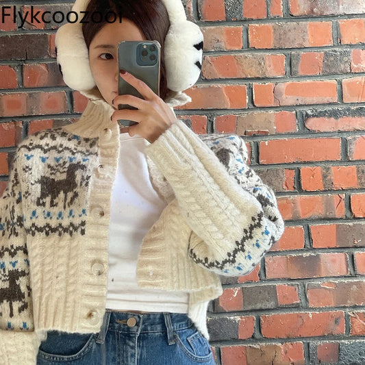 Retro Gentle Style Stand Collar Single Breasted Christmas Knitted Top Elk Jacquard Long Sleeve Sweater Jacket Cropped Cardigan