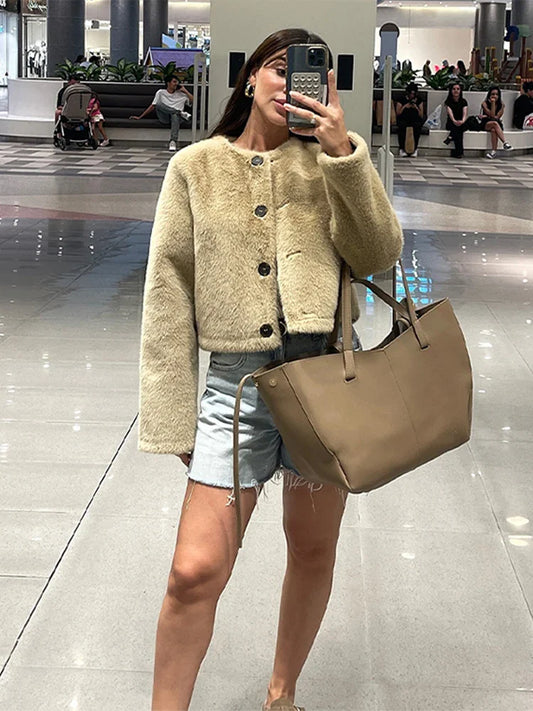 Faux Fur Short Jackets Women Casual Loose Round Neck Single Breasted Coats Female Winter Solid Warm Long Sleeves Outwears