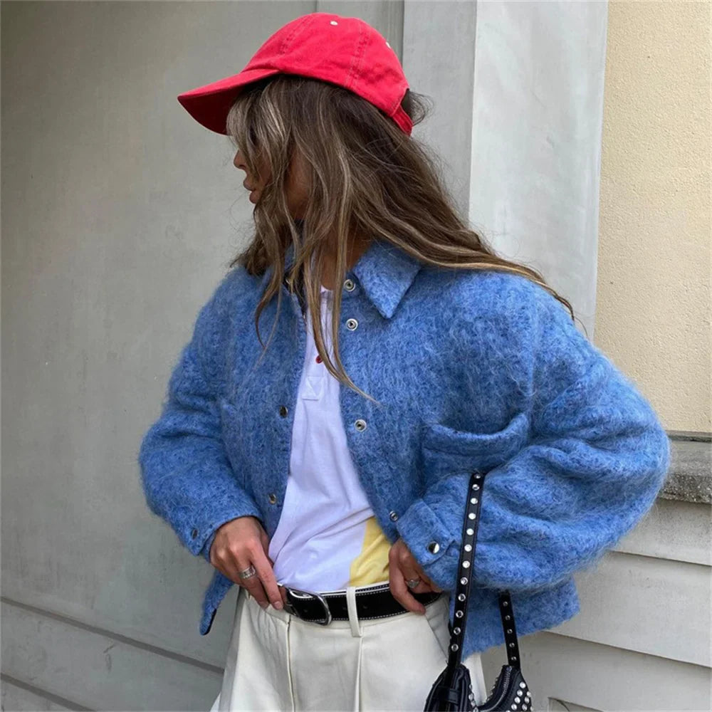 Autumn Winter Blue Short Woolen Jacket for Women Lapel Long Sleeve Button Up Warm Coat Female Casual Streetwear Tops