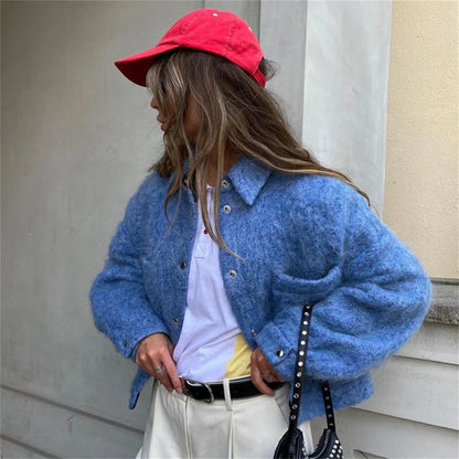 Autumn Winter Blue Short Woolen Jacket for Women Lapel Long Sleeve Button Up Warm Coat Female Casual Streetwear Tops