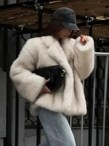 Furffy Thicken Jackets Women Faux Fur Loose Lapel Long Sleeves Warm Coats Female Winter Fashion Solid Soft Outwears Lady