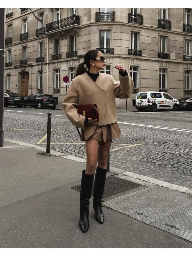 Women V-neck Khaki Thicken Wool Jacket Autumn Winter Chic Loose Blend Coat Female Streetwear Warm Outfit Coats for Women