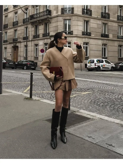 Women V-neck Khaki Thicken Wool Jacket Autumn Winter Chic Loose Blend Coat Female Streetwear Warm Outfit Coats for Women