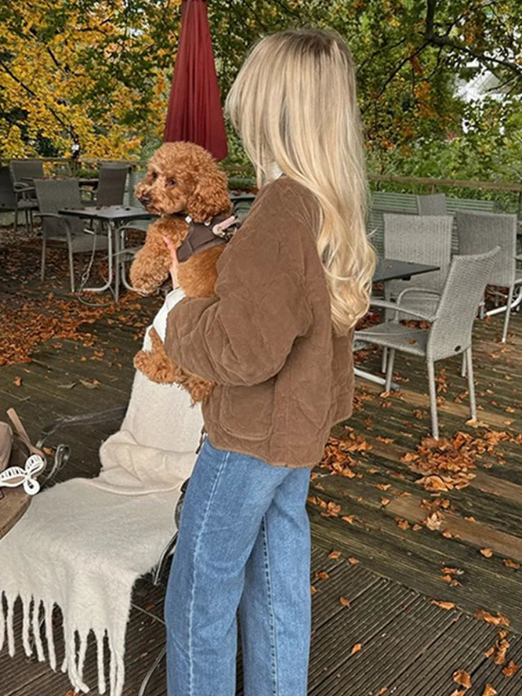 Brown Quilted Padded Suede Coat Women Long Sleeve Lace Up Cropped Jacket Autumn Winter Casual Lightweight New In Outerwears