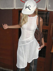Ruffled White Hollow Dress Women's Summer New Fashion Irregular Sleeveless Perspective Solid Color High Waist Sexy Dress