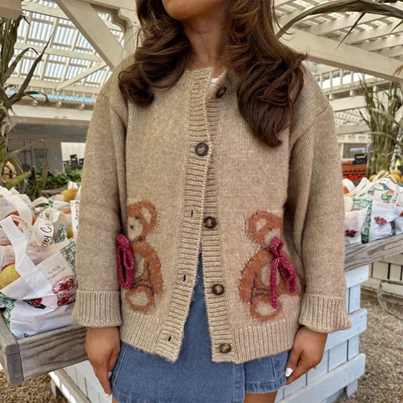 Women Cute Bear Print Knitted Sweater Autumn Long Sleeve Round Neck Button Up Knitwear Jacket Lady Fashion Vintage Cardigan