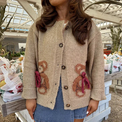 Women Cute Bear Print Knitted Sweater Autumn Long Sleeve Round Neck Button Up Knitwear Jacket Lady Fashion Vintage Cardigan