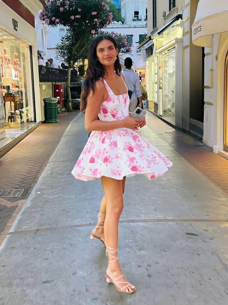 Woman Clothing Sexy Slash Neck Floral Printed Birthday Party Dress Sleeveless High Waist A-line White Short Holiday Dresses 2024