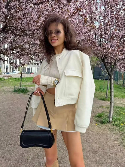 Basic Stand Collar Women Jacket Long Sleeve Cardigan Button Up Cropped Coat Baseball Outerwear Autumn Winter Clothes