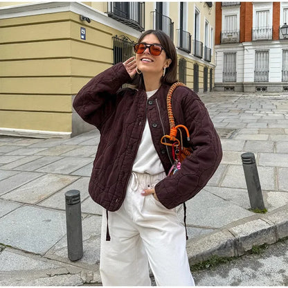 Casual Quilted Padded Jackets Women's Faionable Loose Round Neck Long Sleeve Zipper Cropped Length Outerwear Winter New