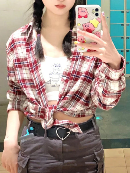 Vintage Red Plaid Button Blouse Top Autumn Cotton Turn Down Collar Casual Long Sleeve Shirt Streetwear Loose Y2K Tees Coat Women