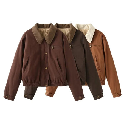 Casual Lapel Single Breasted Pocket Women's Bomber Jacket Vintage Long Sleeves Elastic Hem Loose Winter Coat 2024 Chic Outerwear