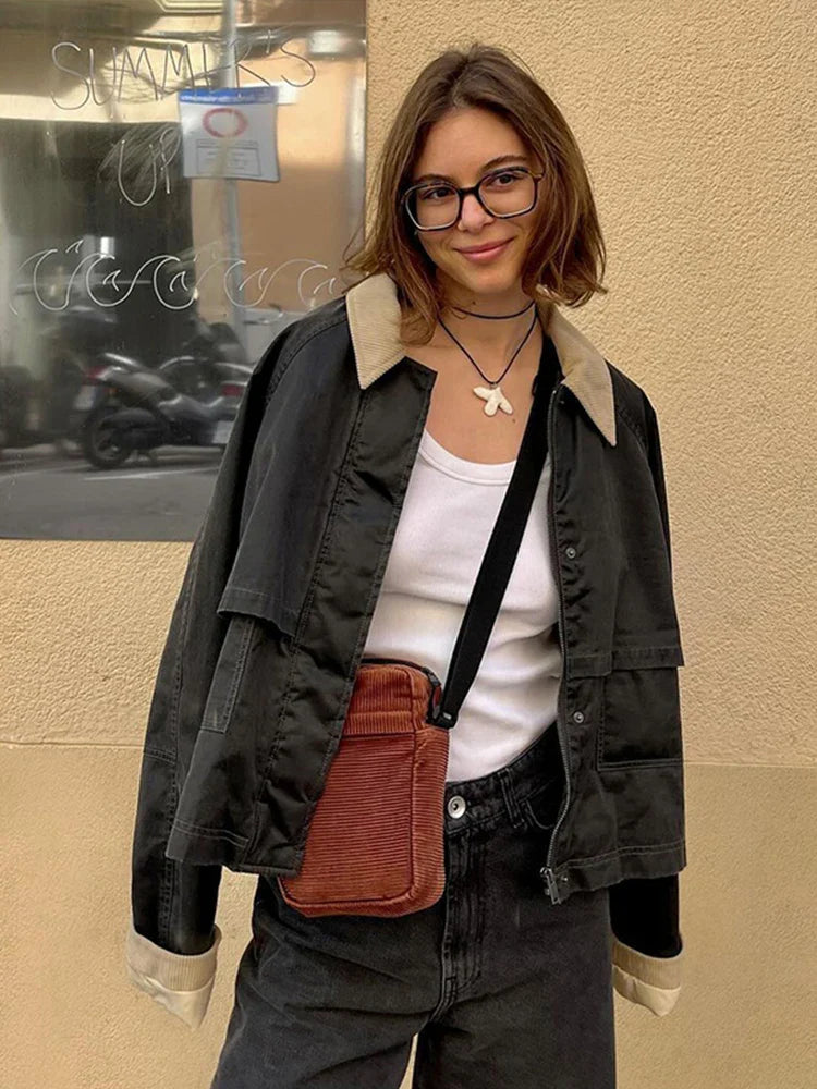 New Women's Cargo Jackets Vintage Long Sleeve Patchwork Outwear With Pocket Street Style Punk Loose Casual Top Coats