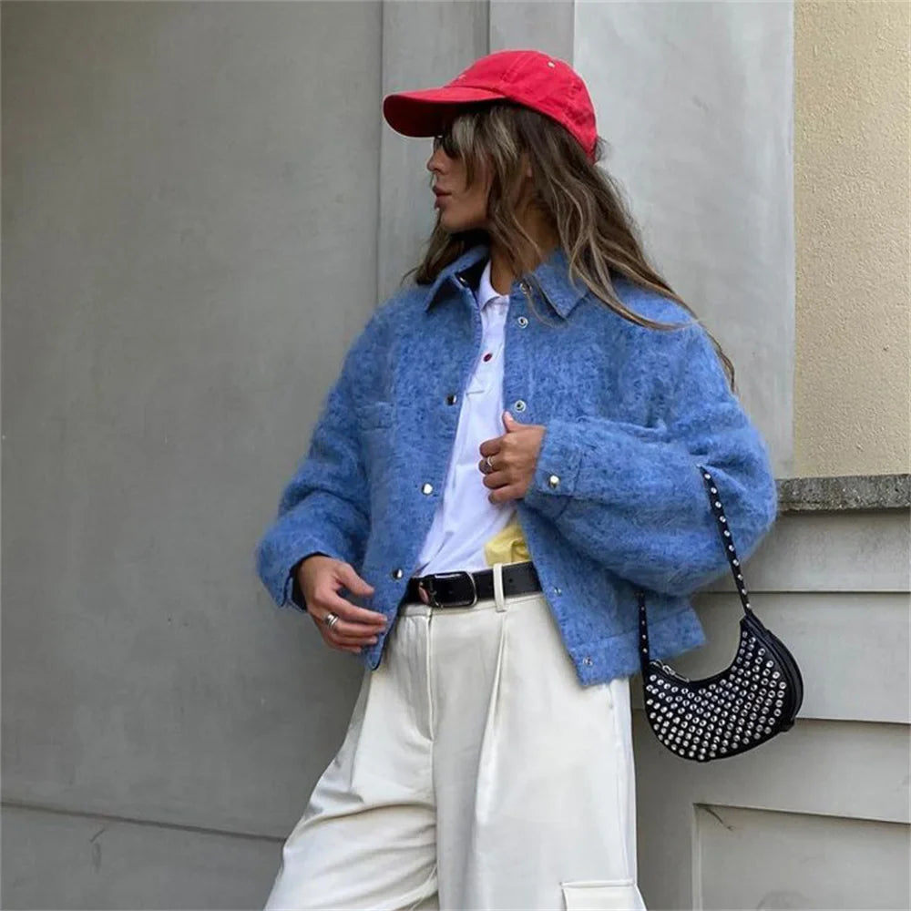 Autumn Winter Blue Short Woolen Jacket for Women Lapel Long Sleeve Button Up Warm Coat Female Casual Streetwear Tops