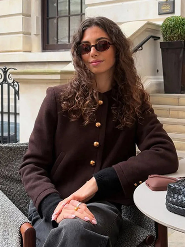 Elegant Solid O-neck Plush Short Coats Women Retro Slim Fit Single Breasted Jackets Female New Spring Chic Office Outwear