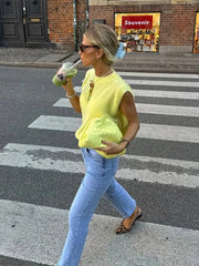 Casual Sleeveless Loose Knitted Pullover Tops Elegant Yellow O-neck Vests Women 2024 Autumn Female Commuting Jumper Sweaters