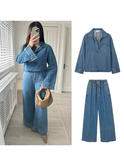 Denim Jacket Pants Set Outfits Women Autumn Winter Blue Pockets Loose 2 Pcs Set Casual Female Matching Set Retro