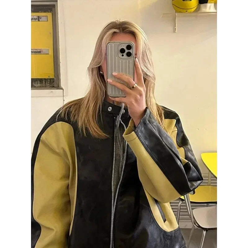 Vintage Patchwork Women's Leather Jacket Loose O-neck Long Sleeve Zipper Moto Biker Coats Autumn Lady Contrast Outwear Y2K