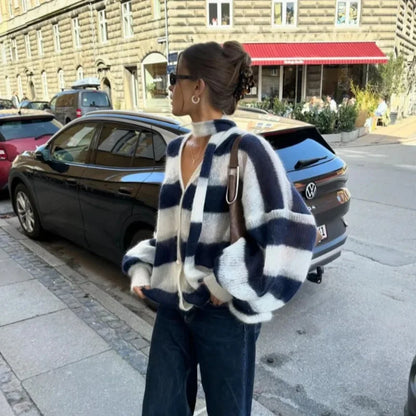 Striped Knit Sweater Cardigan With Scarf Women Casual V Neck Lantern Sleeve Coat Autumn Chic Contrast Lady Fashion Knitwear