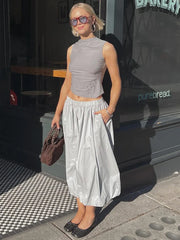 Solid Color Fold Skirts For Women Elastic High Waisted With Pocket Loose Fashion Patchwork Summer New Long Skirt Female