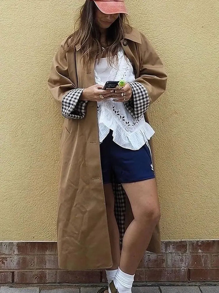 Woman Casual Long Trench Coats Khaki Plaid Lined Lapel Single Breasted Jacket With Pocket 2024 Autumn Chic Lady Commute Outwear