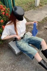 Blue Vintage Washed Jeans For Women Y2k Grunge High Waist Loose Denim Shorts Summer New Straight Knee-Length Pants
