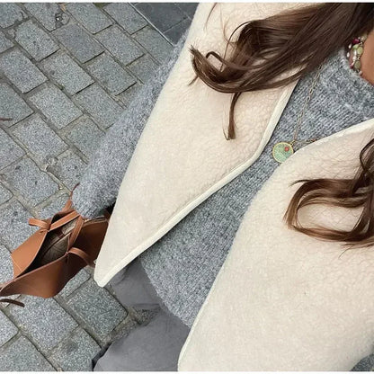 New Solid Lamb Wool Single Breasted Vest For Women Casual V Neck Sleeveless Warm Waistcoat Autumn High Street Outerwear Y2K