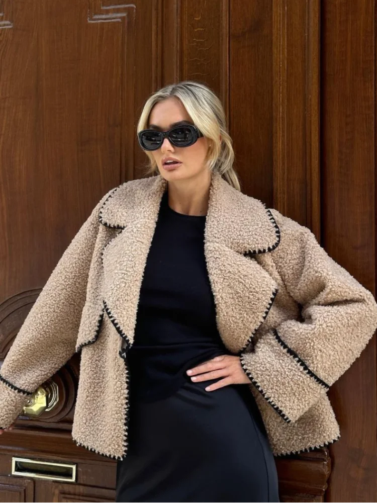 Women Contrasting One Button Lamb Woolen Coat Fashion Lapel Long Sleeves Short Plush Jacket Autumn Casual Lady Street Outwear