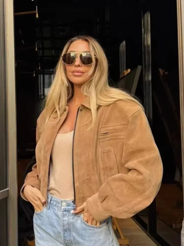 Elegant Camel Cropped Suede Jacket Women Lapel Full Sleeve Pocket Zipper Short Coat New Causal Autumn Lady Daily Streetwear 2025
